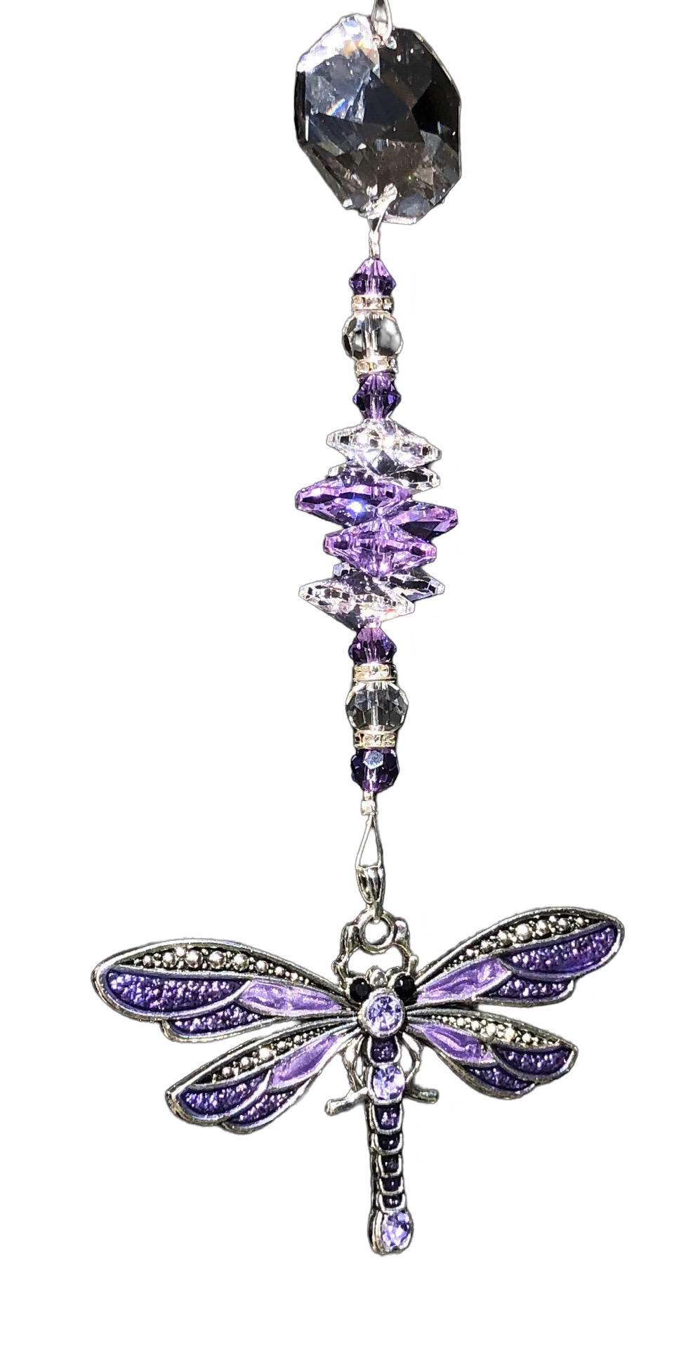 Dragonfly crystal suncatcher is decorated with amethyst gemstones