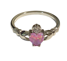 Load image into Gallery viewer, Sterling Silver -  Claddagh Pink Opal (man made)  zirconia ring. Sizes 4, 5, 6, 7, 8, 9, 10.  SS255
