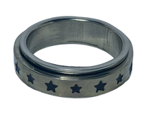 Load image into Gallery viewer, Fidget ring - silver spinner with stars. Sizes  6, 7, 8, 9, 10, 11.  (FR1)
