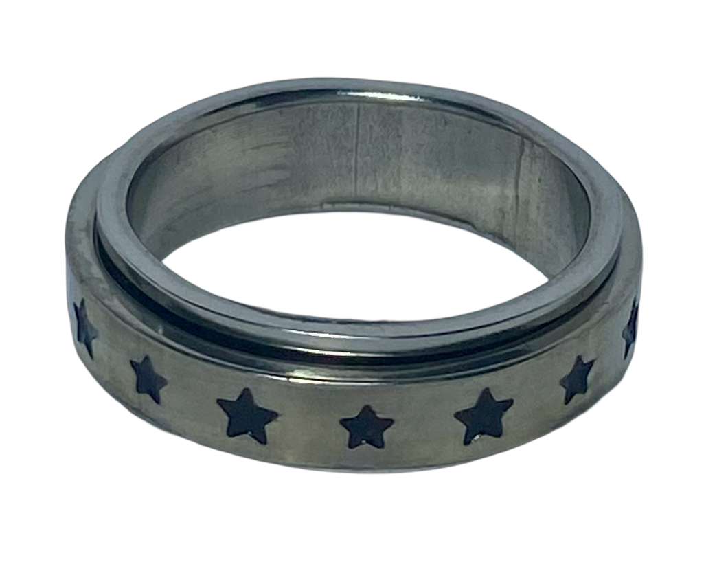 Fidget ring - silver spinner with stars. Sizes  6, 7, 8, 9, 10, 11.  (FR1)