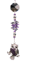 Load image into Gallery viewer, Purple owl suncatcher is decorated with crystals and amethyst gemstones
