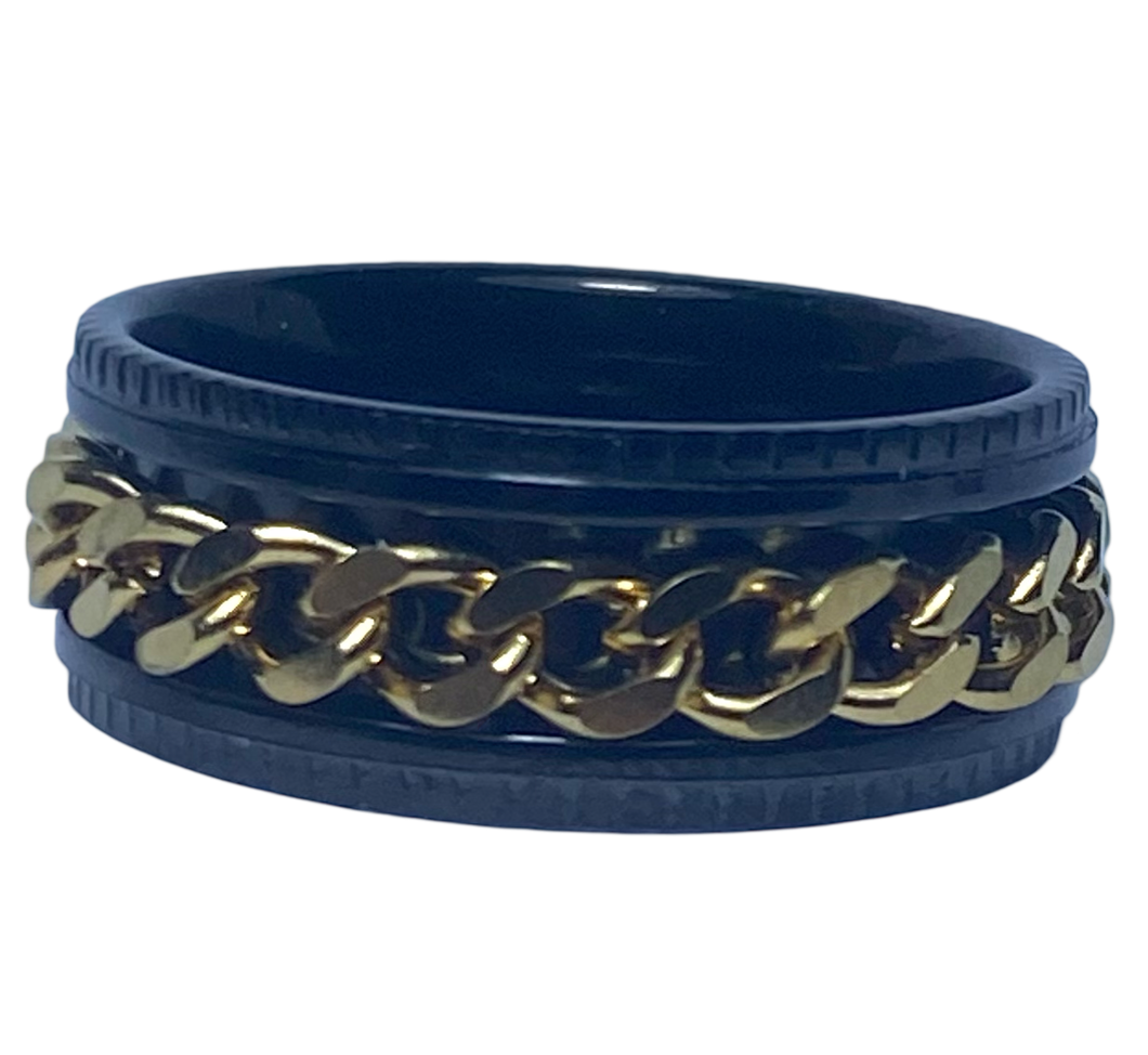 Fidget ring - black ring with gold chain spinner.   Sizes 5, 6, 7, 8, 9, 10, 11, 12, 13, 14. (FR96)