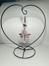 Load image into Gallery viewer, Deluxe dragonfly crystal and garnet gemstone suncatcher on a Heart large stand SH176
