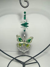 Load image into Gallery viewer, Deluxe butterfly crystal and malachite gemstone suncatcher on a Heart large stand SH178
