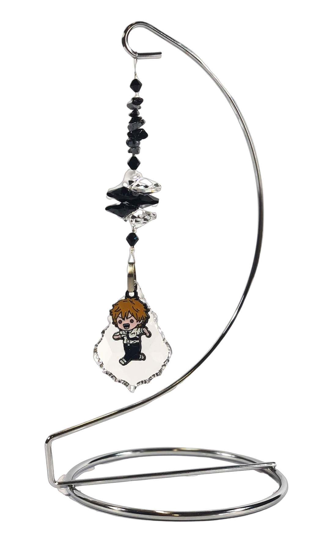 Chainsaw Man- Denji crystal suncatcher is decorated with snowflake obsidian gemstones and come on this amazing stand.