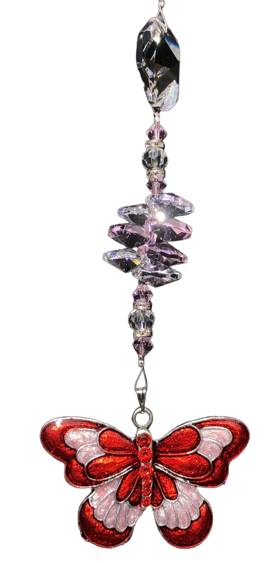 Pink & red butterfly suncatcher is decorated with crystals and rose quartz gemstones