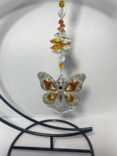 Load image into Gallery viewer, Deluxe Butterfly crystal and citrine gemstone suncatcher on a Moon large stand SH173
