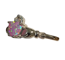 Load image into Gallery viewer, Sterling Silver -  Claddagh Pink Opal (man made)  zirconia ring. Sizes 4, 5, 6, 7, 8, 9, 10.  SS255

