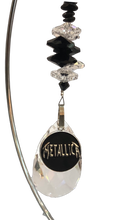 Load image into Gallery viewer, Metallica large suncatcher includes a stand. Decorated with crystals and snowflake obsidian gemstones.
