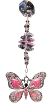 Load image into Gallery viewer, Pink butterfly suncatcher is decorated with crystals and rose quartz gemstones.
