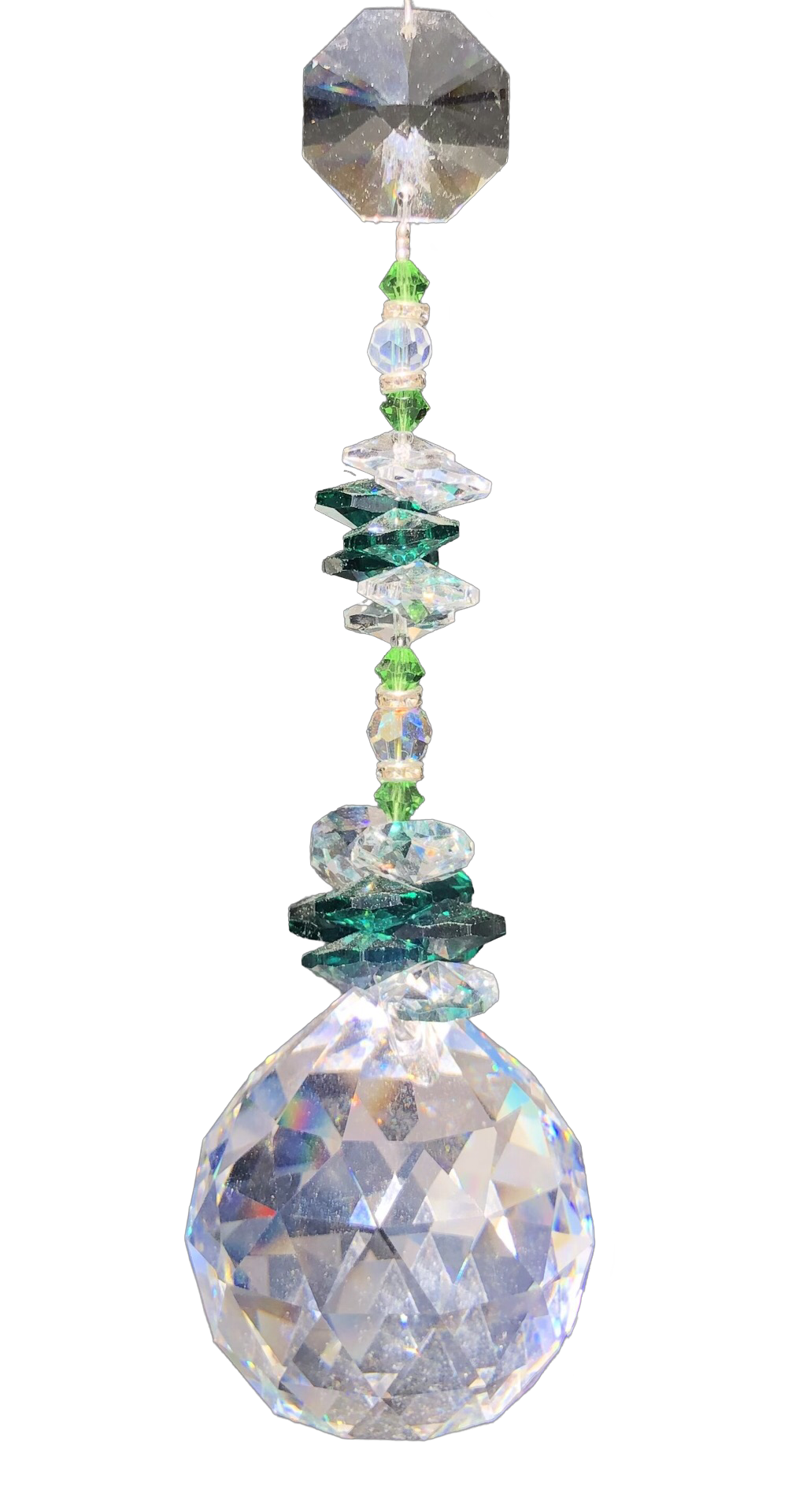 This large 50mm crystal ball suncatcher is decorated with crystal and peridot