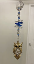 Load image into Gallery viewer, Gold Owl crystal Suncatcher decorated with lapis lazuli gemstones CH504
