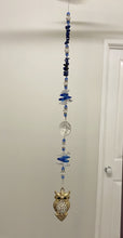 Load image into Gallery viewer, Gold Owl crystal Suncatcher decorated with lapis lazuli gemstones CH504
