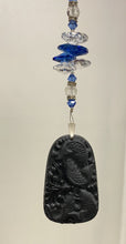 Load image into Gallery viewer, Obsidian carved Fish Suncatcher decorated with crystals and lapis lazuli gemstones CH514
