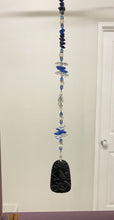 Load image into Gallery viewer, Obsidian carved Fish Suncatcher decorated with crystals and lapis lazuli gemstones CH514
