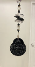 Load image into Gallery viewer, Obsidian carved Buddha Suncatcher decorated with crystals and snowflake obsidian gemstones CH518
