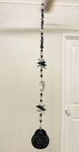 Load image into Gallery viewer, Obsidian carved Buddha Suncatcher decorated with crystals and snowflake obsidian gemstones CH518
