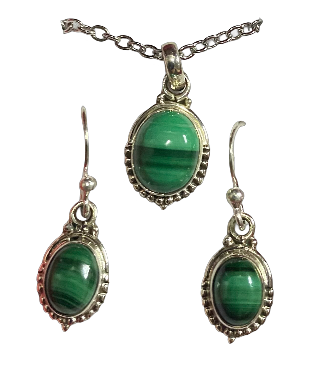 Malachite sterling silver pendant and earrings set  (SET 15)