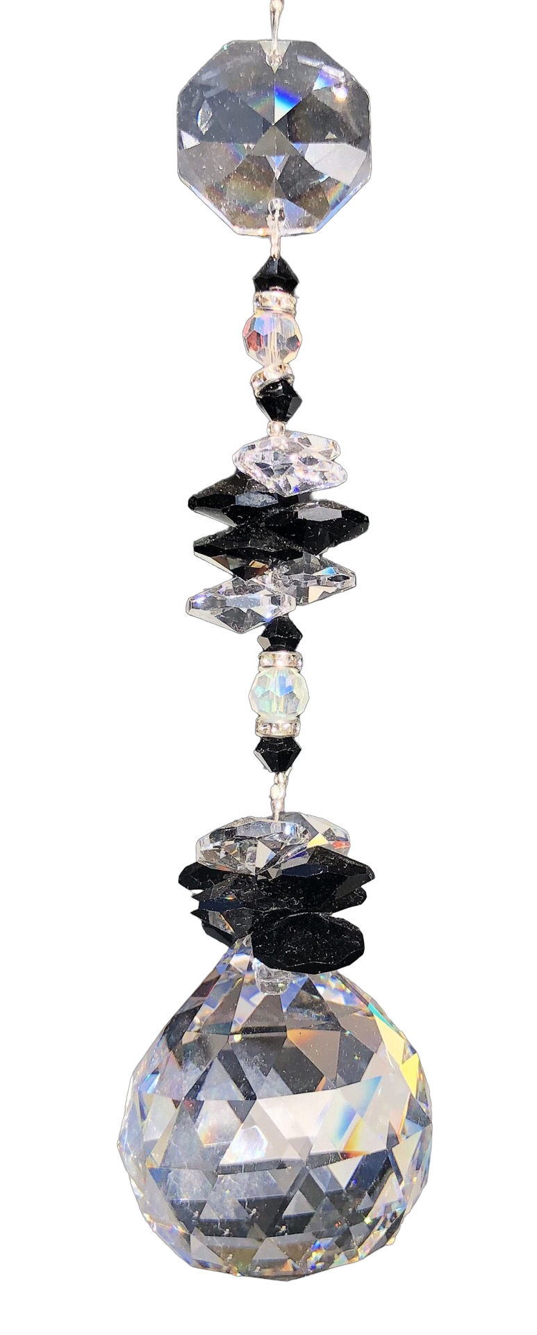 This large 50mm crystal ball suncatcher is decorated with crystal and snowflake obsidian