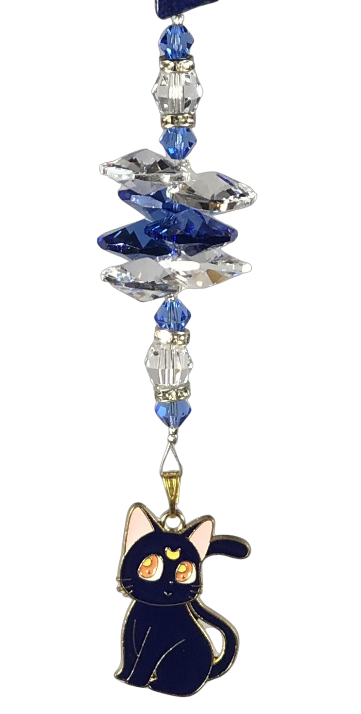 Luna - Sailor Moon cat suncatcher, decorated with lapis lazuli gemstone