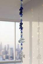 Load image into Gallery viewer, Celtic Cross Crystal Suncatcher decorated with lapis Lazuli gemstones CH11
