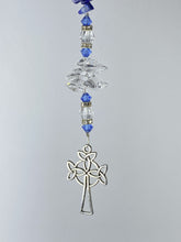 Load image into Gallery viewer, Celtic Cross Crystal Suncatcher decorated with lapis Lazuli gemstones CH11
