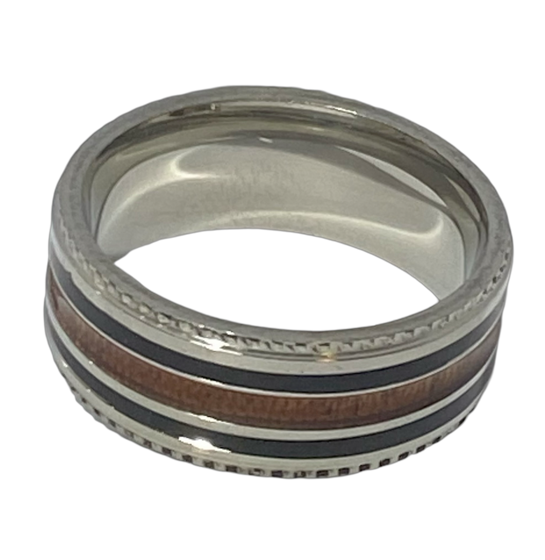 Stainless Steel - Silver & wood ring.  Sizes 6, 7, 8, 10, 11, 12, 13  RW231