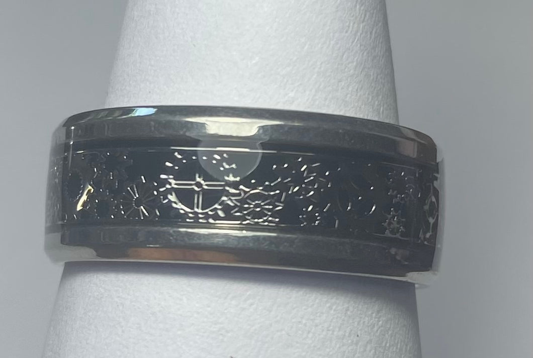 Stainless Steel -Silver with black pattern size 6, 7, 8, 9, 10, 11, 12, 13 RW202