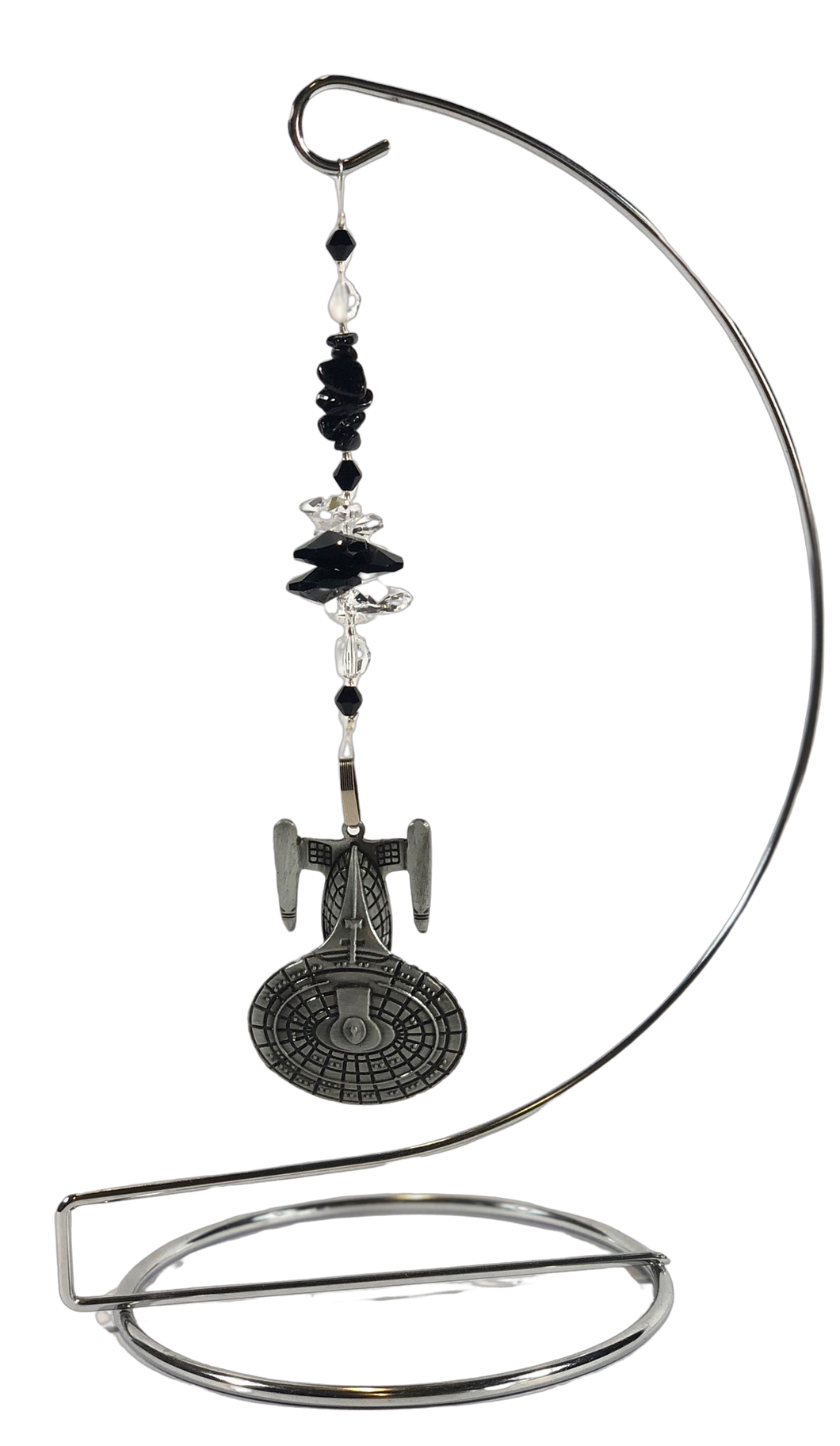 Star Trek - Enterprise crystal suncatcher is decorated with snowflake obsidian gemstones and come on this amazing stand.