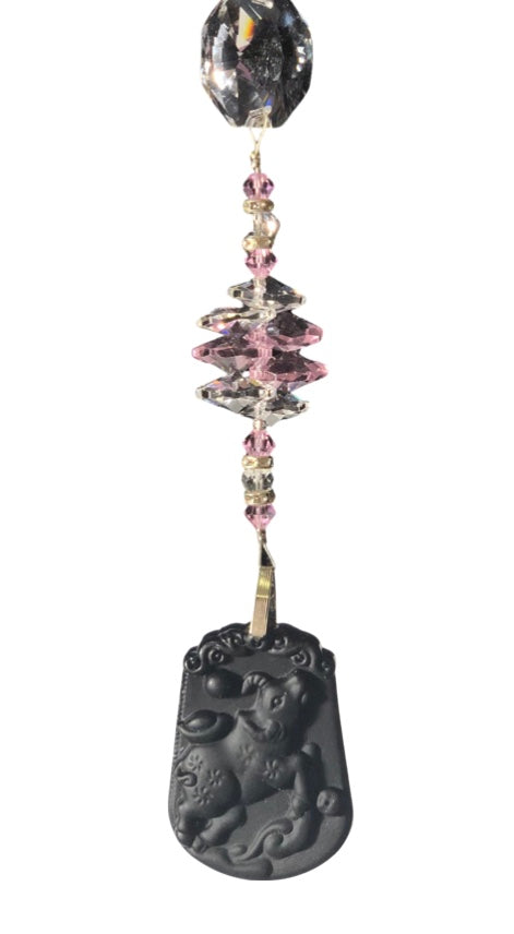 Carved Taurus suncatcher is decorated with crystals and Rose Quartz gemstones