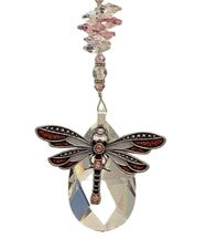 Load image into Gallery viewer, Deluxe Pink &amp; Red Dragonfly Crystal Suncatcher decorated with rose quartz gemstones CH352
