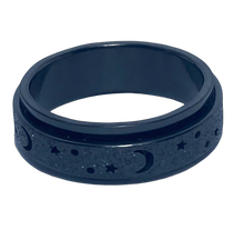 Load image into Gallery viewer, Fidget ring - Black glitter moons &amp; stars spinner. Sizes 5, 6, 8, 9, 10, 11, 12. FR123
