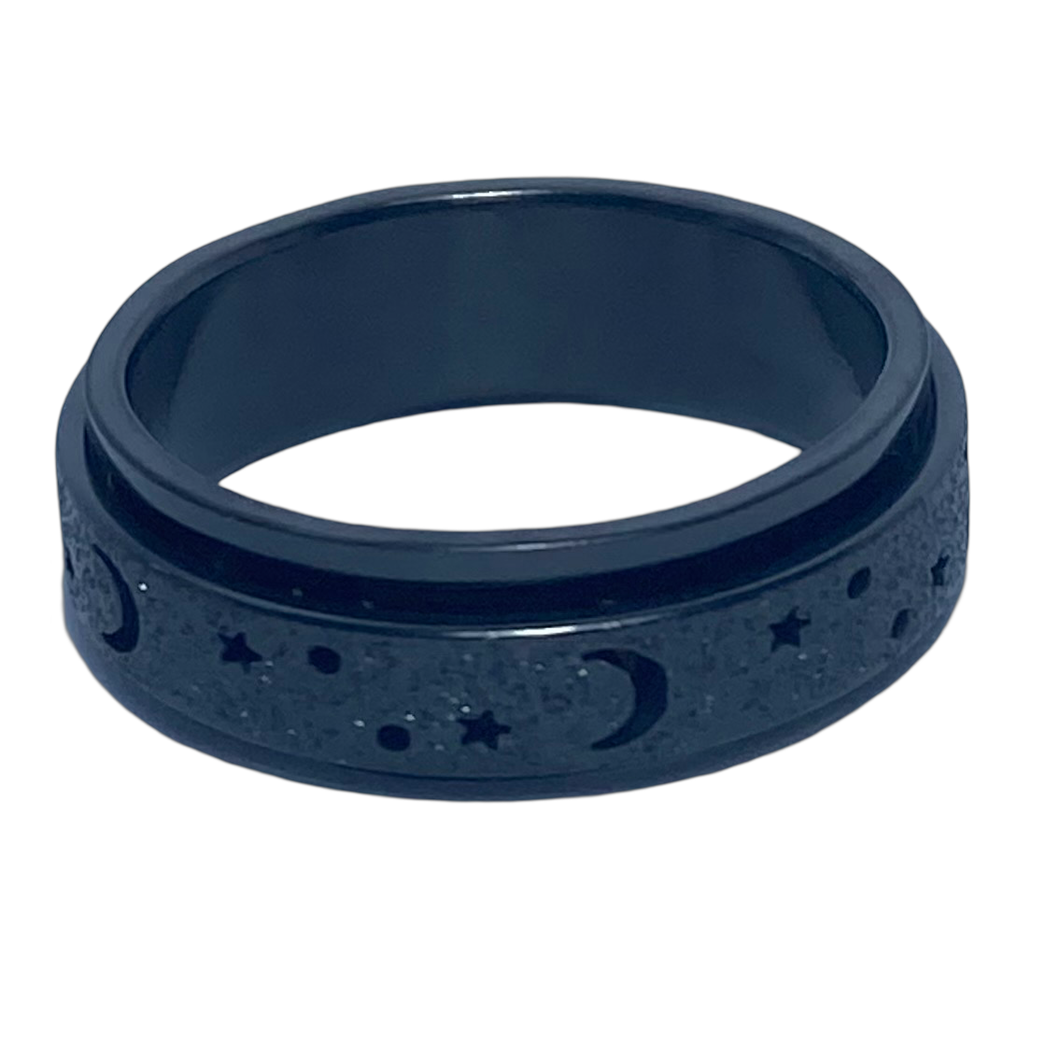 Fidget ring - Black glitter moons & stars spinner. Sizes 5, 6, 8, 9, 10, 11, 12. FR123
