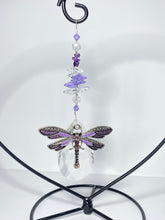 Load image into Gallery viewer, Dragonfly deluxe crystal &amp; amethyst gemstone suncatcher on a stand SH13
