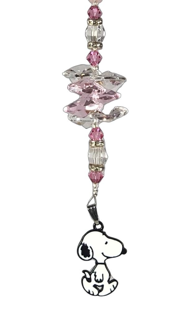 Charlie Brown Snoopy crystal suncatcher, decorated with rose quartz gemstone