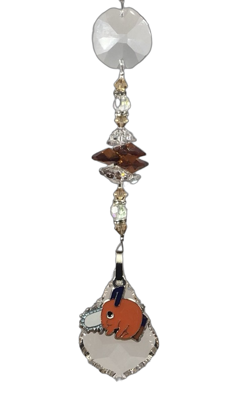 Chainsaw Man - Pochita crystal suncatcher, decorated with 50mm Starburst crystal and carnelian gemstone.