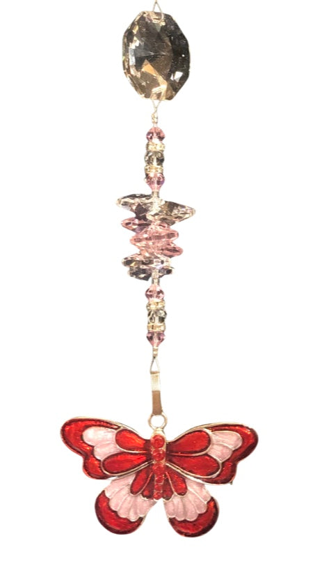 Butterfly - Red and pink Suncatcher decorated with crystals and rose quartz gemstones