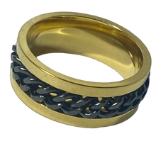 Load image into Gallery viewer, Fidget ring - Gold and black chain ring spinner. Sizes 5, 6, 7, 8, 9, 10, 11, 12, 13, 14. FR111
