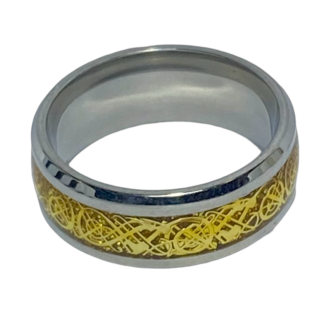 Stainless Steel - Silver with gold pattern ring.  Sizes  5, 6, 7, 8, 9, 10, 11, 12, 13, 14. RW250