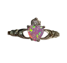 Load image into Gallery viewer, Sterling Silver -  Claddagh Pink Opal (man made)  zirconia ring. Sizes 4, 5, 6, 7, 8, 9, 10.  SS255
