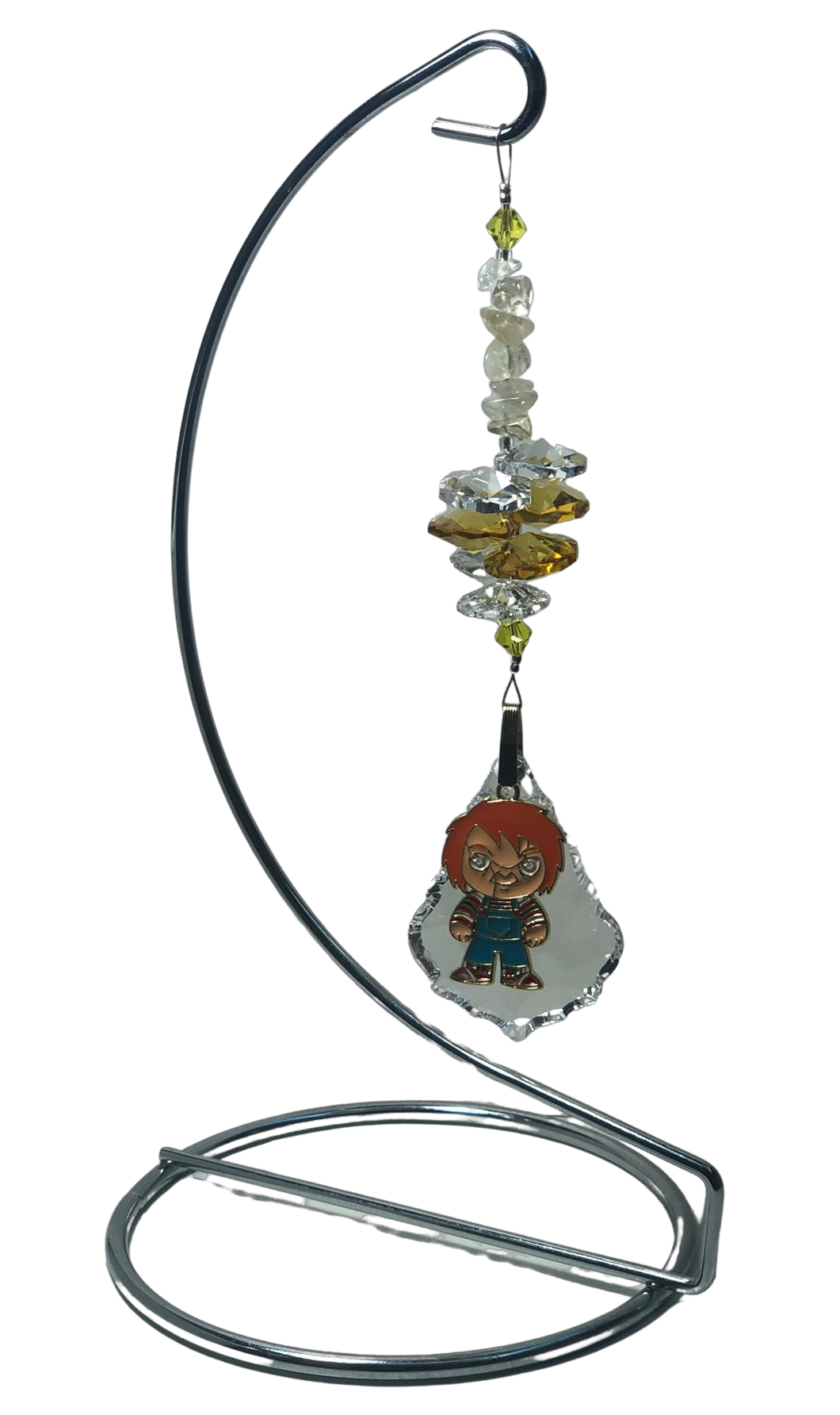 Chucky crystal suncatcher is decorated with citrine gemstones and come on this amazing large stand