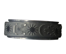 Load image into Gallery viewer, Fidget ring - black ring with  stars and moons spinner.  Sizes 6, 7, 8, 9, 10, 11. Measures 8mm FR102
