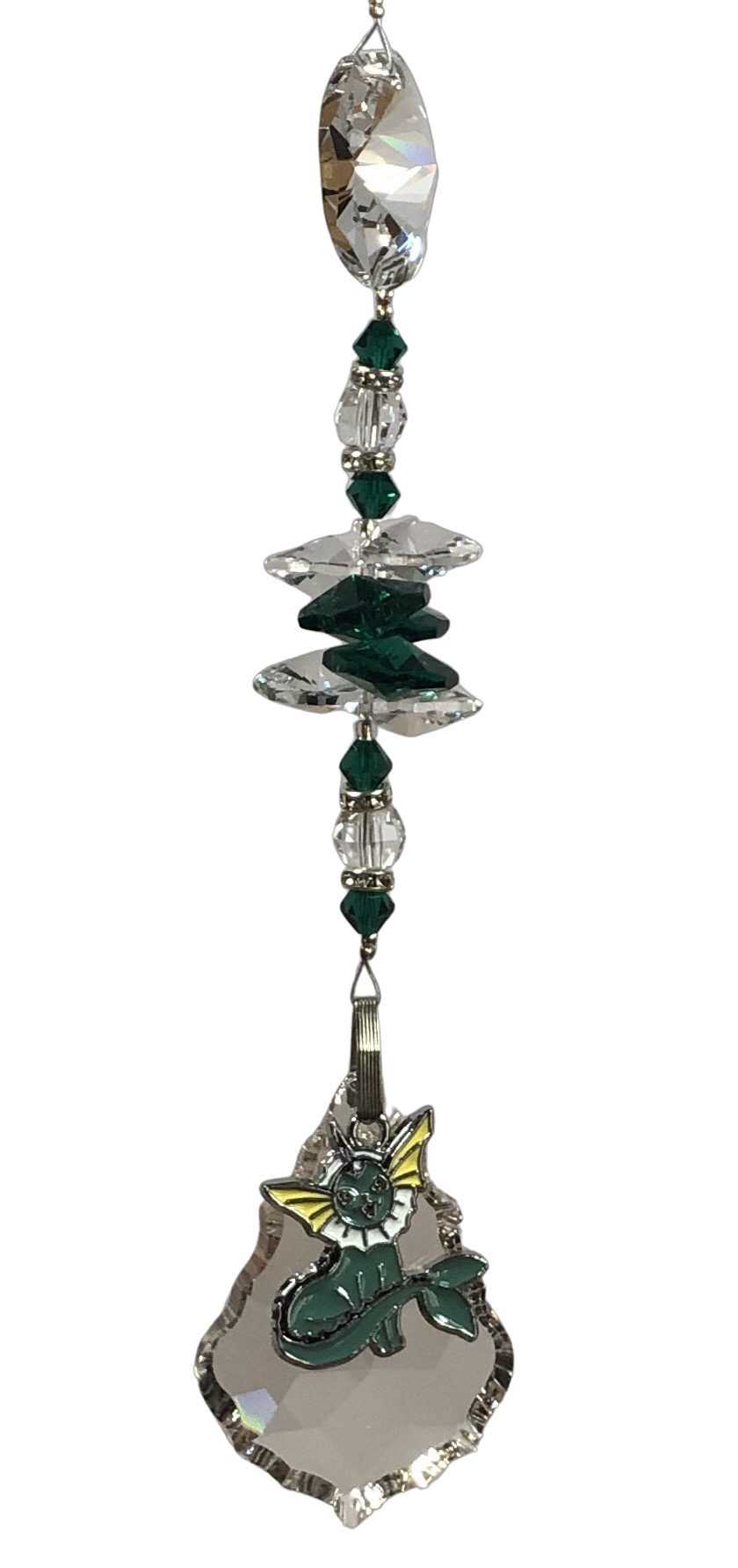 Pokémon Eevee  evolution - Vaporeon crystal suncatcher, decorated with 50mm starburst crystal and malachite gemstone.