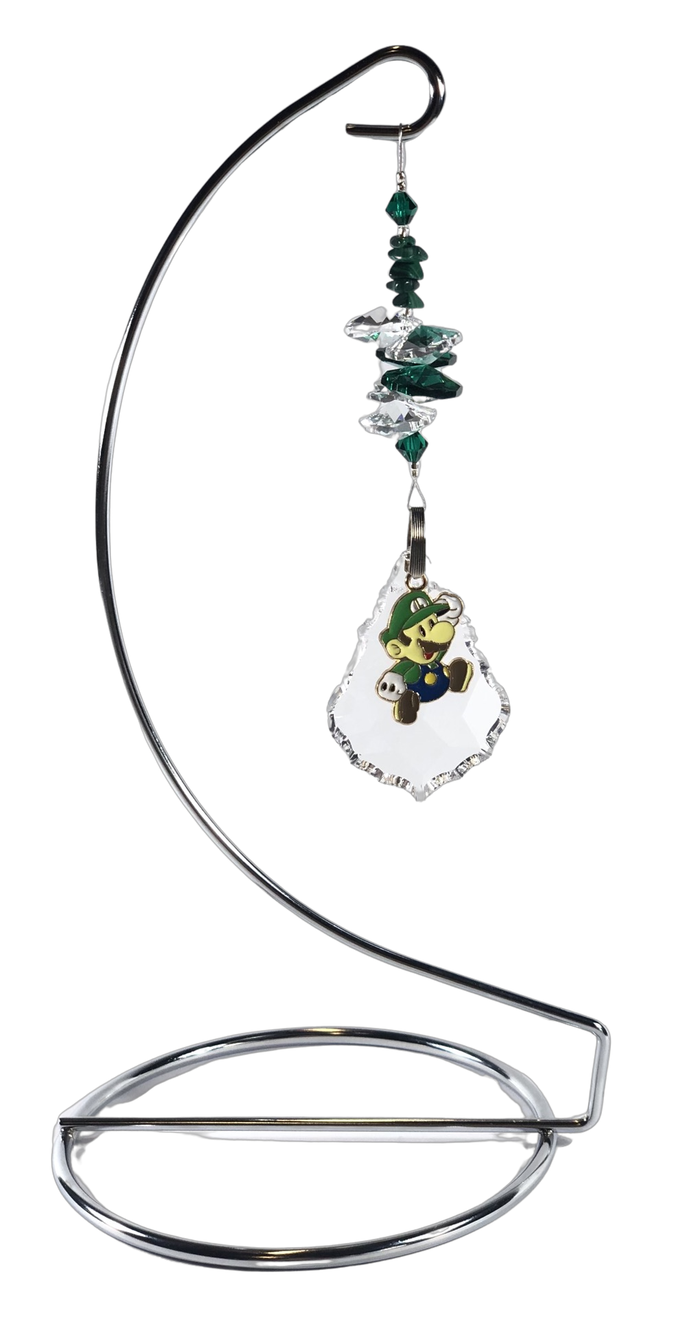 Mario - Luigi crystal suncatcher is decorated with malachite gemstones and come on this amazing stand.
