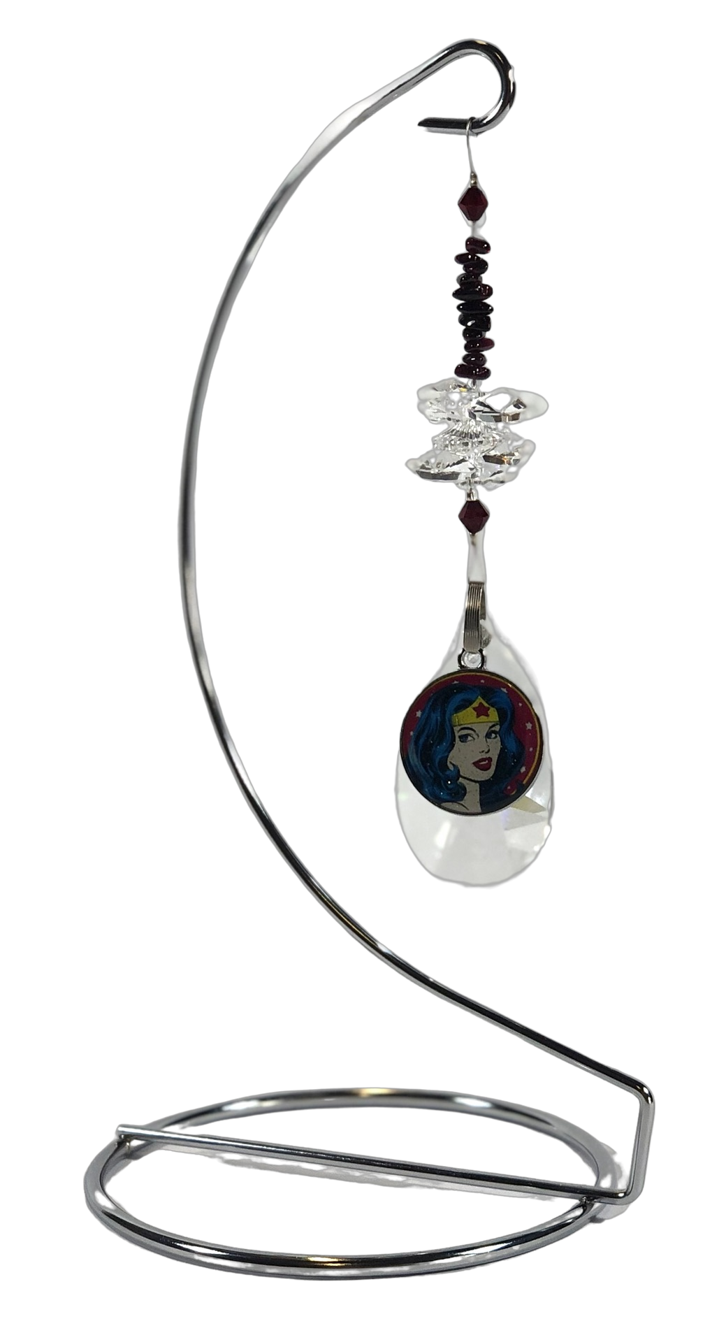 Wonder Woman -  crystal suncatcher is decorated with garnet gemstones and come on this amazing stand.