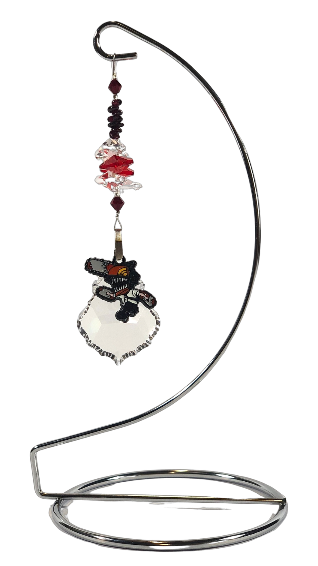 Chainsaw Man - crystal suncatcher is decorated with garnet gemstones and come on this amazing stand.