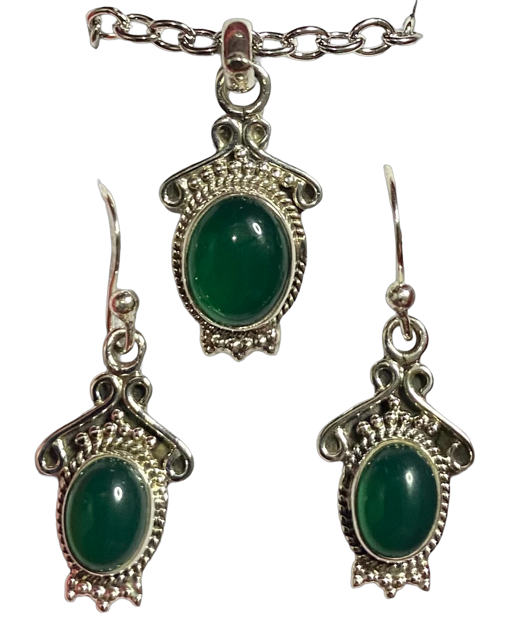 Green Onyx sterling silver pendant and earrings set  (SET 14)