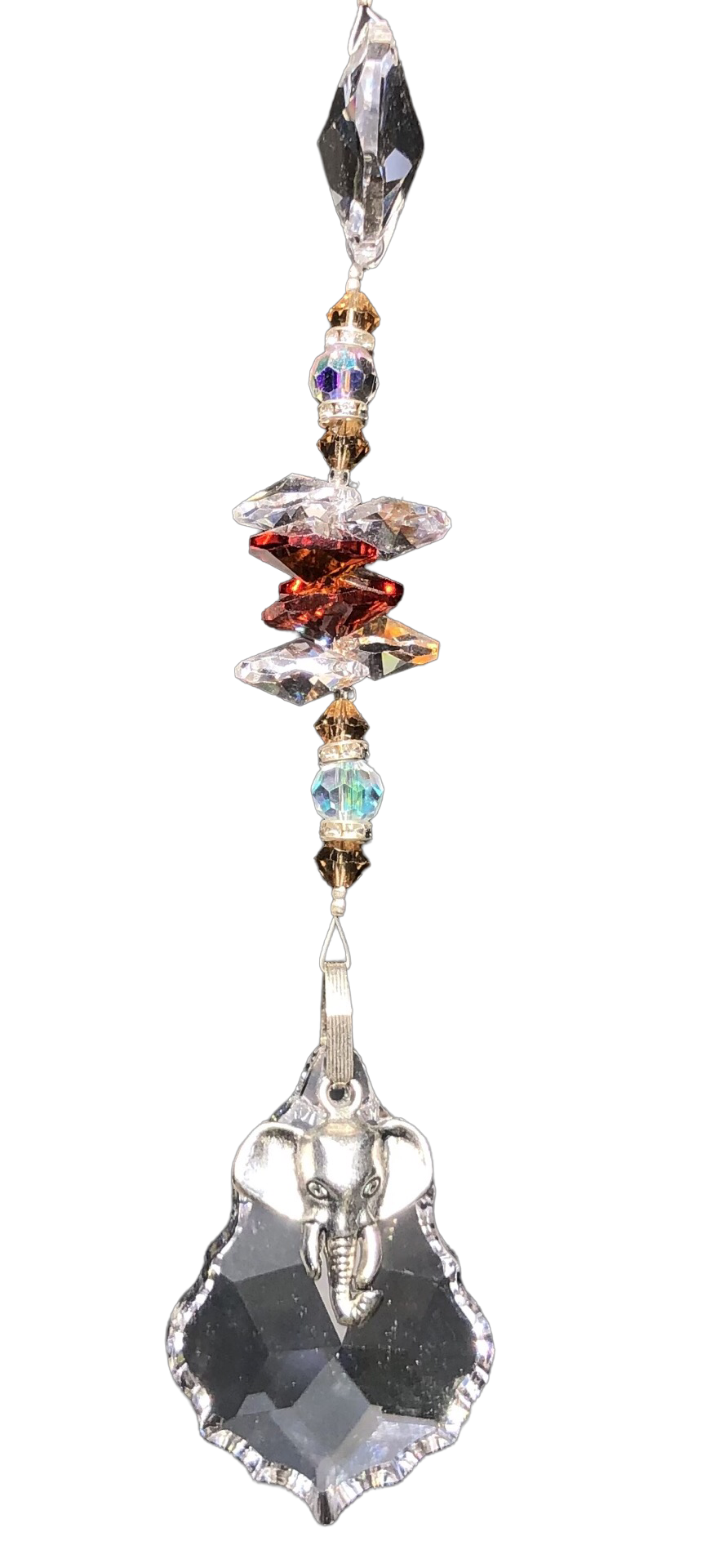 Elephant 50mm Crystal starburst suncatcher, is decorated with crystals and carnelian