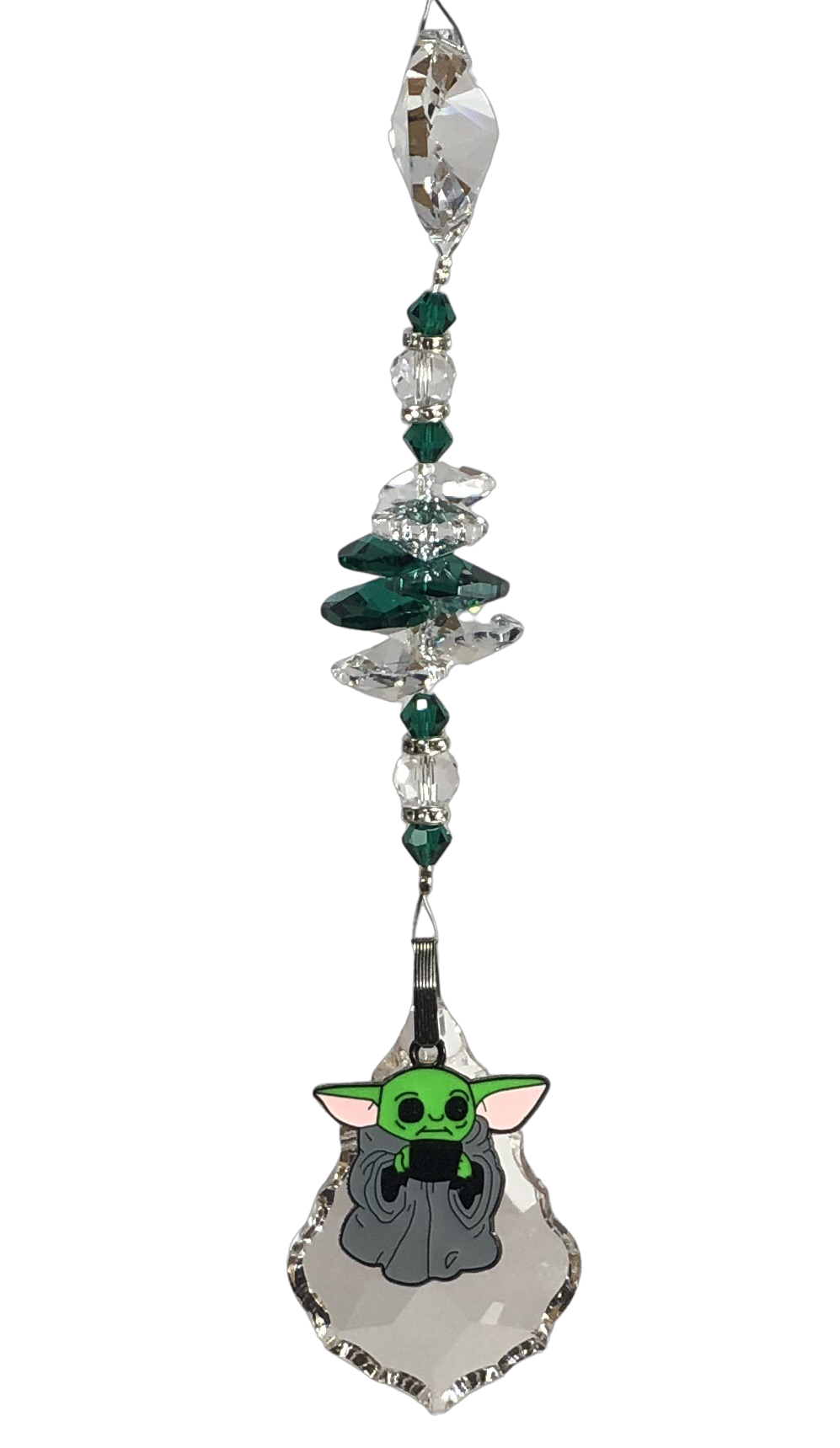 Star Wars baby Yoda - Grogu crystal suncatcher, decorated with 50mm Starburst crystal and malachite gemstone.