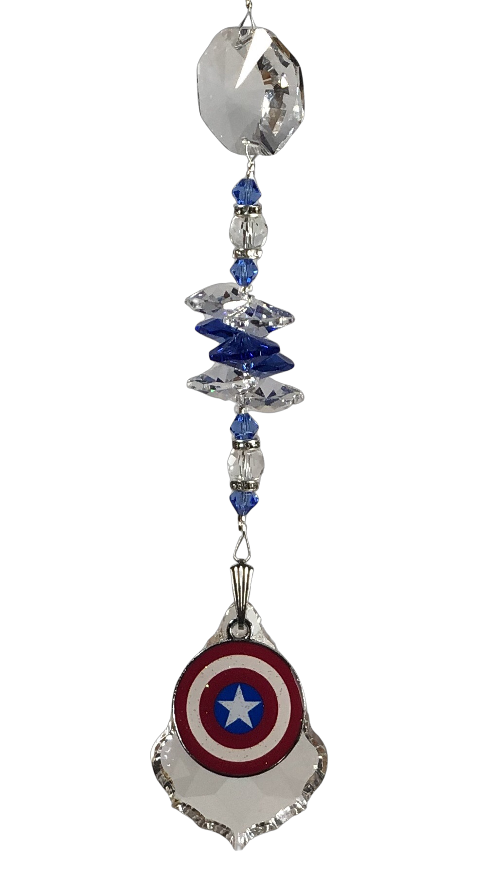Captain America- Marvel crystal suncatcher, decorated with 50mm starburst crystal lapis lazuli gemstone